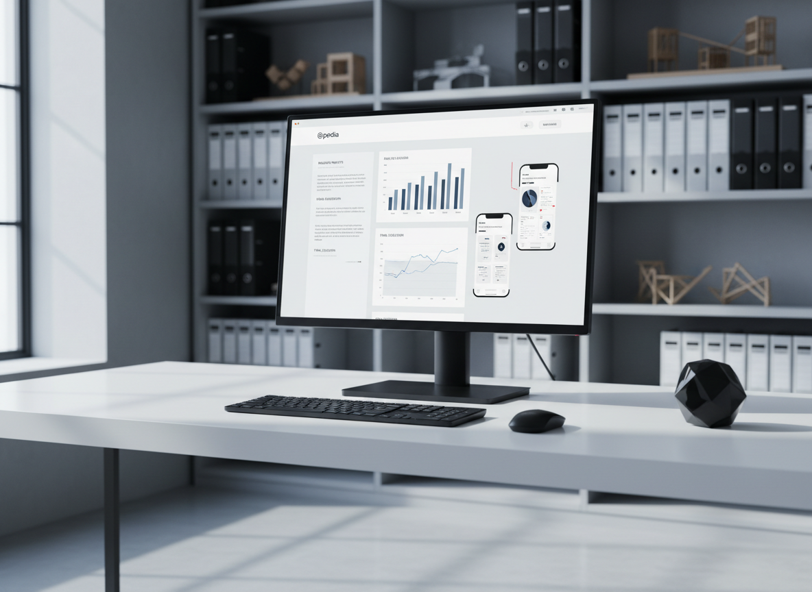 A large, ultra-thin 4K monitor on a floating white desk displays a detailed @pedia project case study, featuring elegant charts, annotated wireframes, and a structured narrative layout. Surrounding the monitor, the workspace is intentionally sparse: a single matte-black keyboard, a minimal wireless mouse, and a small obsidian geometric sculpture. Behind, a blurred bookshelf of monochrome binders and architectural models hints at deep expertise. Cool, indirect daylight pours from a side window, creating soft reflections on the screen and clean, linear shadows on the desk. Captured in photographic realism from a slightly low, three-quarter angle, emphasizing clarity and precision. The mood is analytical and refined, suggesting a portfolio where every detail is thoughtfully presented.