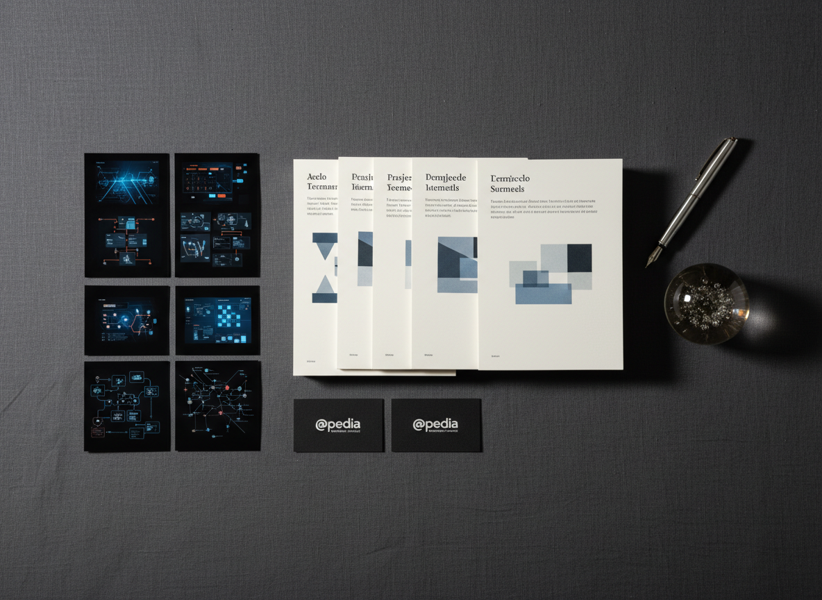A meticulously arranged flat lay of portfolio elements on a deep charcoal linen surface: printed project summaries on heavy ivory stock, narrow black-edge business cards embossed with the @pedia mark, and small, glossy photo prints of interface designs and conceptual diagrams. A slim silver fountain pen and a smoked-glass paperweight add subtle luxury. Overhead, a single softbox light creates even, velvety illumination, with nuanced shadows edging each item and a quiet, museum-like feel. Photographic realism with perfectly orthogonal, top-down composition and sharp focus across the entire frame. The scene feels curated and archival, evoking @pedia as a sophisticated, tactile collection of knowledge and completed work, presented with editorial-level attention to detail.