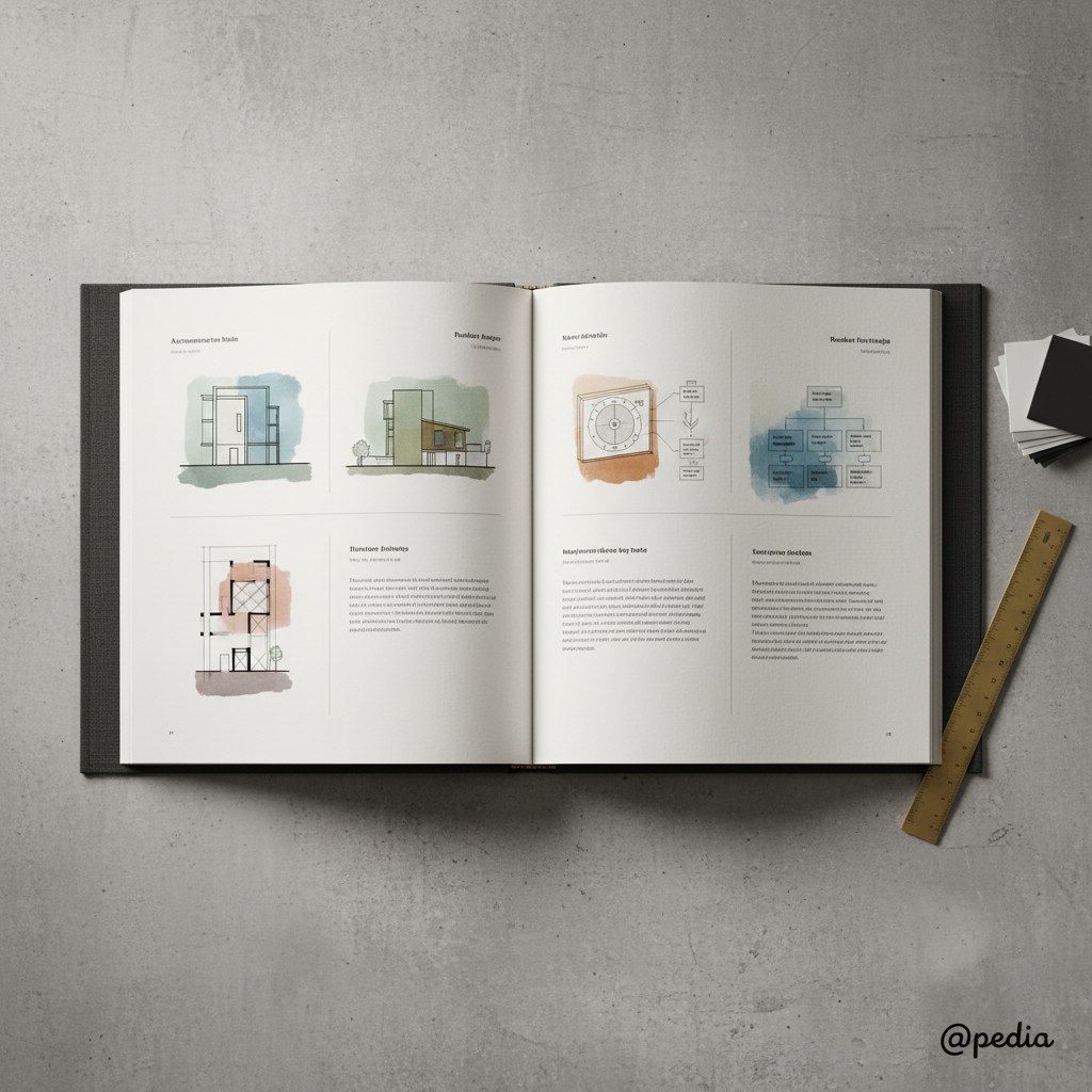 An open, oversized portfolio book with thick, eggshell-white pages spread across a stone-grey concrete tabletop, each page displaying meticulously arranged project mockups, diagrams, and captions with precise black lines and muted accent colors. A slender brass ruler and a set of monochrome swatch cards rest beside it, reinforcing a sense of deliberate curation. Soft studio lighting from the left creates a gentle gradient of light across the pages, revealing their texture and subtle shadows along the binding. Photographic realism, framed using the rule of thirds at eye-level, with crisp focus throughout. The atmosphere is contemplative and scholarly, conveying @pedia as a sophisticated archive of carefully documented work and ideas.